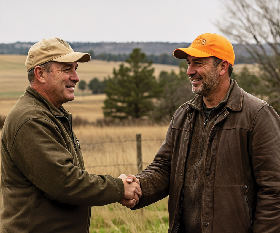 Landowner and hunter shaking hands on rural property